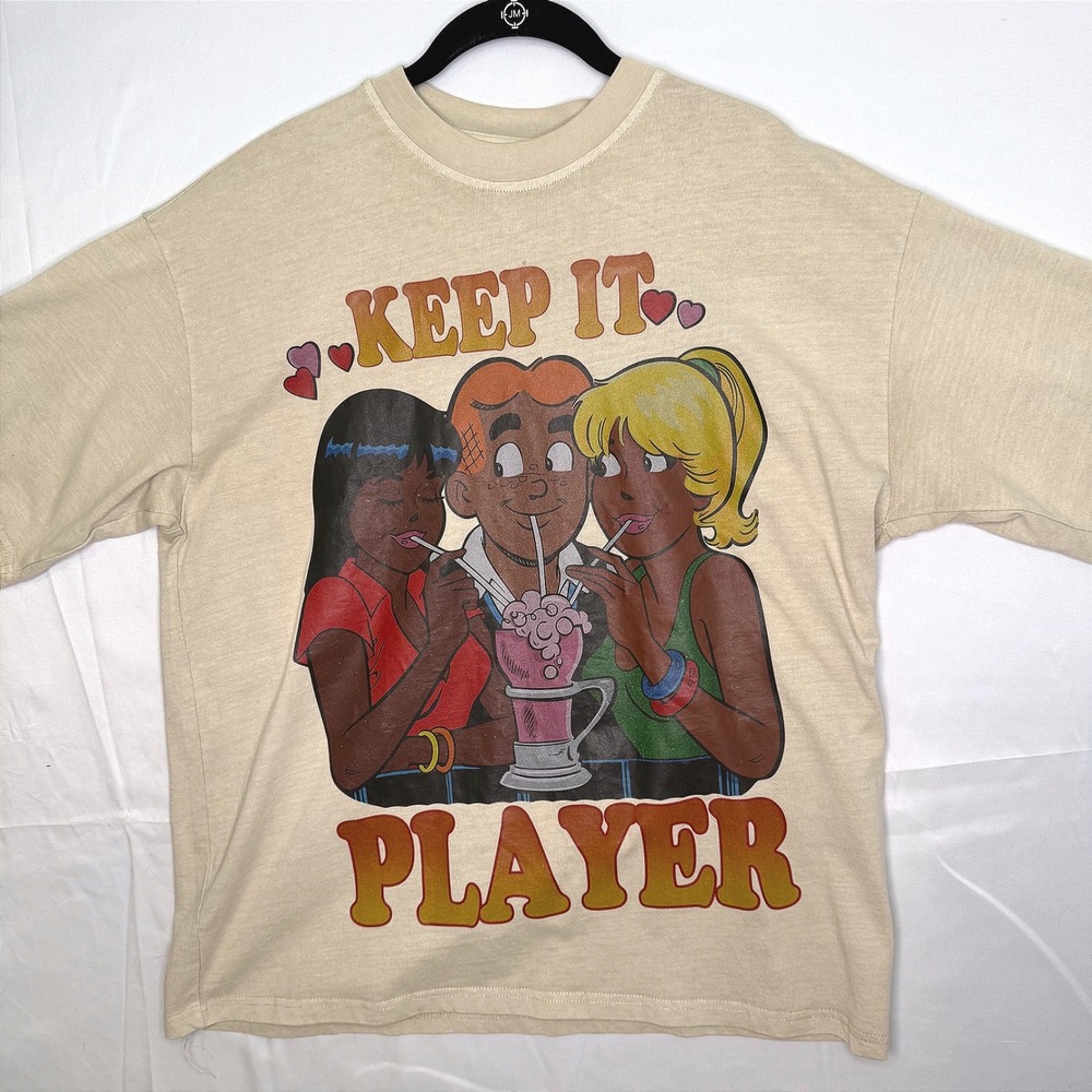 Keep It Player‎ Retro Cartoon Graphic T-Shirt Cream Beige Funny Streetwear Large